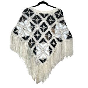 Boho Western Leather Crochet Fringe Poncho Countrycore Patchwork Grannysquare